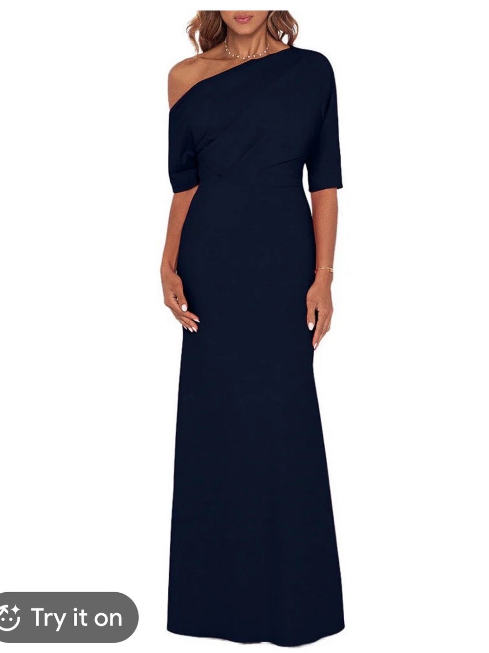 Betsy & Adam One-Shoulder Midnight Navy Gown